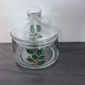 Indiana Glass Holiday Jar with Holly Design Candy Christmas Apothecary EUC